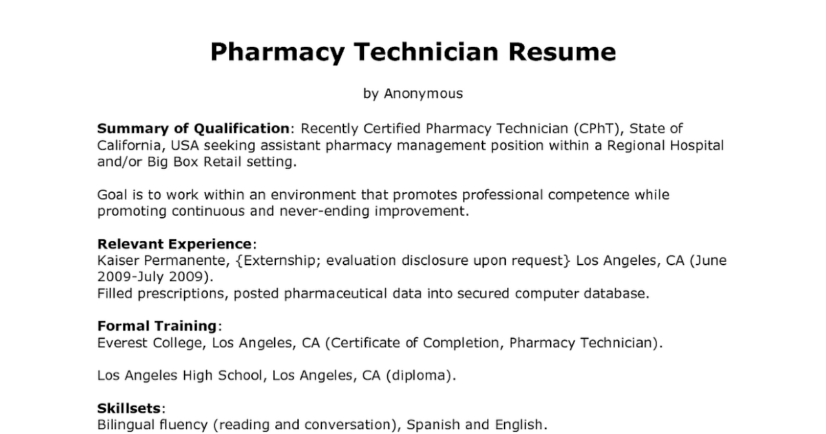 Pharmacy technician sample resume objective